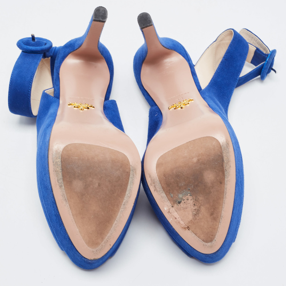 Prada Blue Suede Peep Toe Platform Ankle Strap Sandals Size 39 - Picture 5 of 8